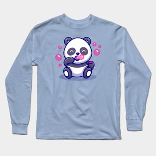 Cute Baby Panda Playing Soap Bubbles Cartoon Long Sleeve T-Shirt